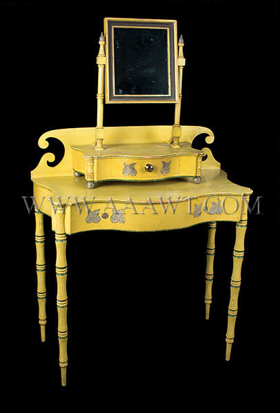 Antique Dressing Table with Mirror in Original Chrome Yellow Paint, Circa 1820, angle view